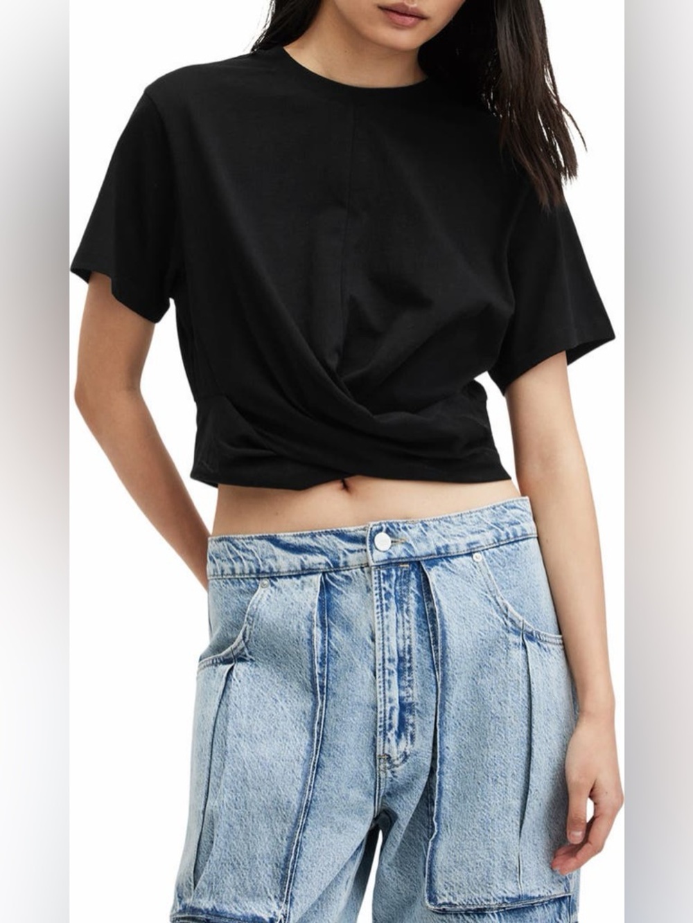 AllSaints Mallinson Twist Hem Crop Tee Black US 6